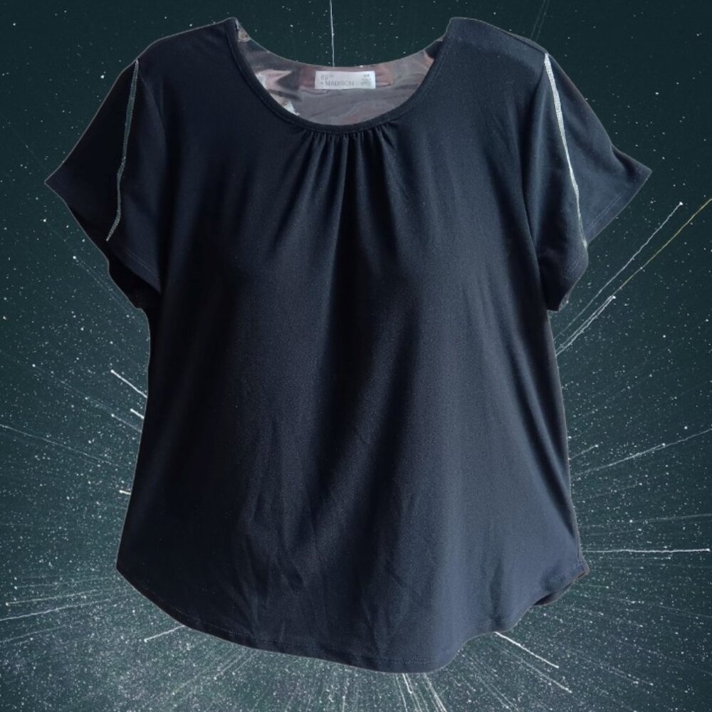 89th & Madison Womens Black Top Blouse Short Sleeves Rhinestones Accent Size M